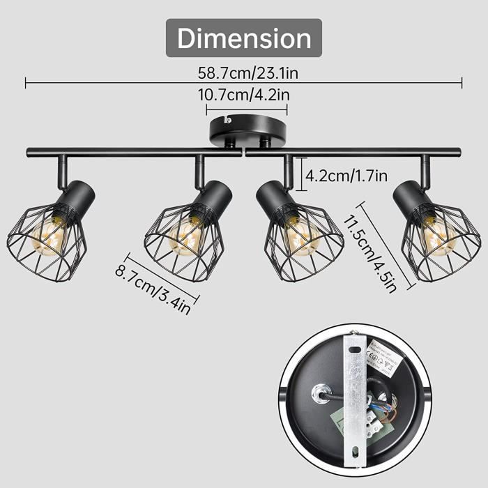 Plafonnier moyen noir avec ampoules en verre dépoli 4x E14