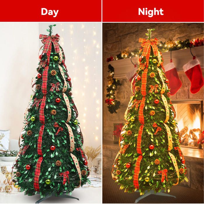 Sapin De Noël Artificiel Pop-up 180 Cm Avec Lumières LED - 150 LED, 8 Modes, IP44, Ruban Et Nœud Inclus, Doré/argenté