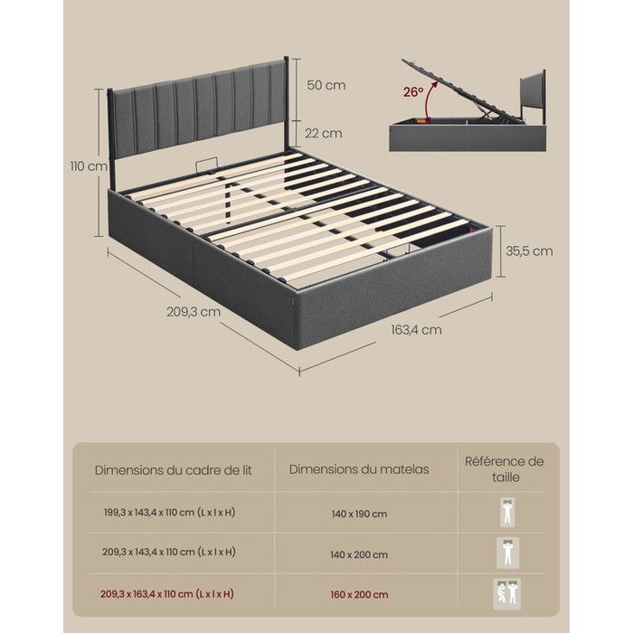 Lit adulte 160 x 200 cm en tissu gris clair et piètement en métal noir