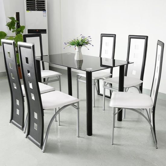 Chaise de salle à manger - BLANC NOIR - Lot de 6 Chaises - Structure en acier laqué - Simili cuir