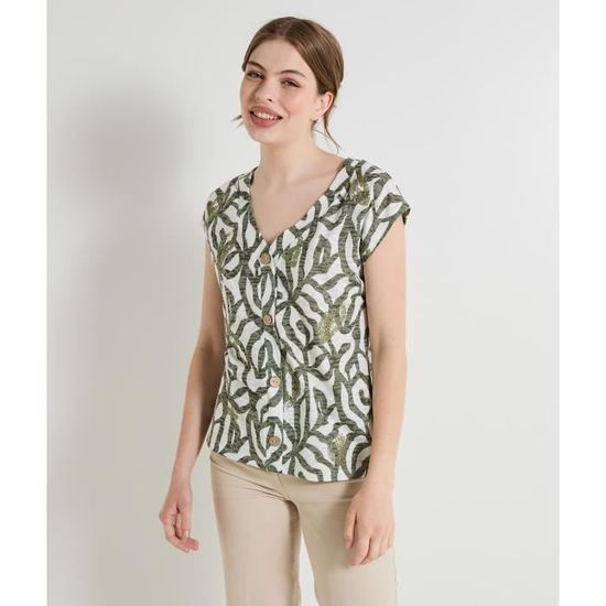 T-shirt Femme Grain De Malice Taille S - Motif Floral Beige Et Noir, Occasion En Très Bon état