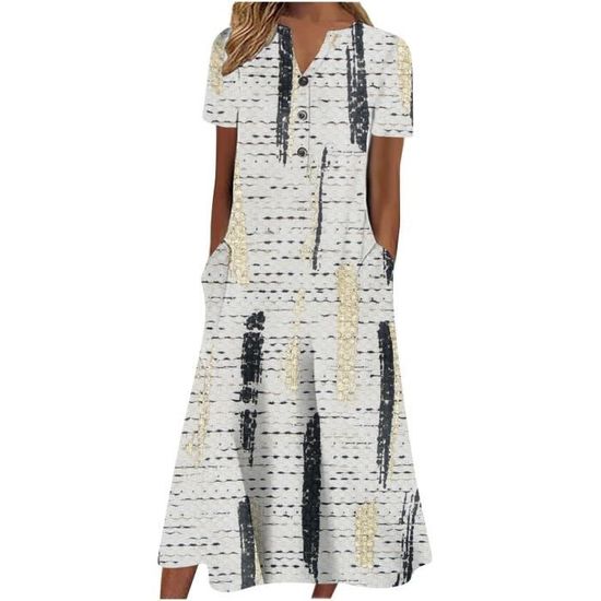 Robe D'été Femme à Imprimé Floral - Manches Courtes, Col En V, Longueur Bohème, Parfaite Pour La Plage