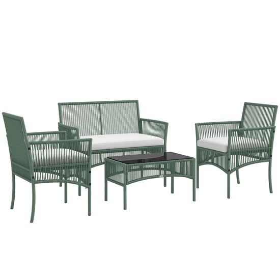 Ensemble salon de jardin Outsunny 4 pièces canapé 2 places + 2 fauteuils + 1 table basse plateau verre trempé 3 coussins d'assise
