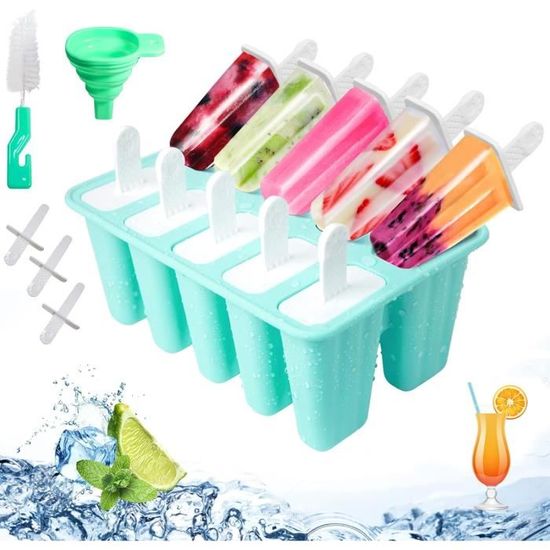 Moule à Glace 9 Compartiments Bébé Sans BPA – Réutilisable Avec Brosse & Entonnoir Silicone Moules à Sucettes Glacées Réutilisables