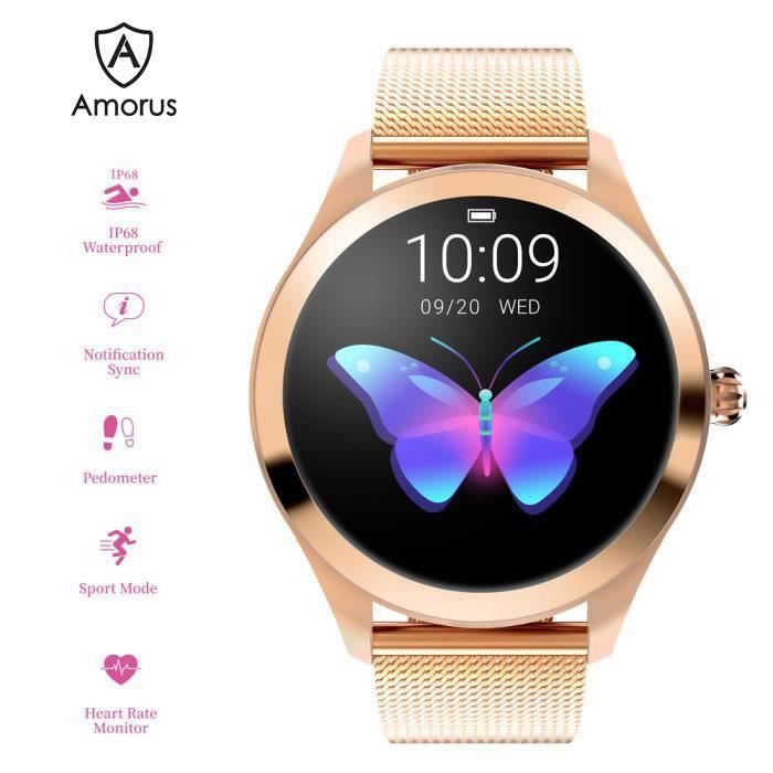 Montre Connectée Femme, Bracelet Intelligent en Acier Inoxydable avec Moniteur de Fréquence Cardiaque Sommeil IP68 Étanche OR