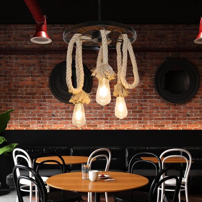 Yote Lustre Suspension en Métal Lampe Suspension en Corde de Chanvre Vintage pour Salon Chambre