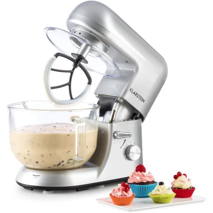 Klarstein Bella Argentea 2G - robot de cuisine, mélangeur, pétrin, 1200 W, 5,2 l, 6 vitesses, pétrin à planétaire, bol en verre, fix