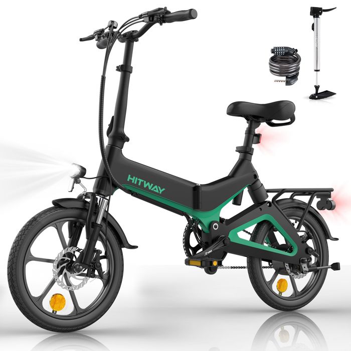 HITWAY Vélos électriques, Alliage de magnésium Pliable de 16” à Hauteur réglable Portable, Freins à Double Disque E-Bike Noir