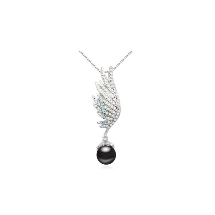 Pendentif Aile Perle Noire et Cristal de Swarovski Elements Blanc et Plaqué Rhodium