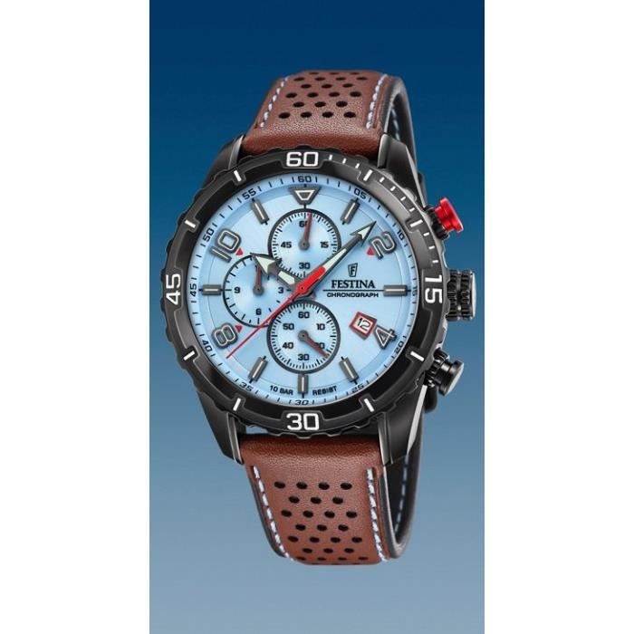 Festina Homme F20519/1 cadran bleu ciel - boite PVD noir - Cuir marron sport