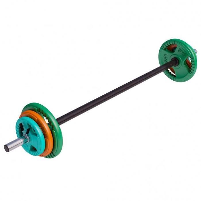 Barre légère aerobic chromée de 130cm + 17,5kg des poids en caoutchouc grip