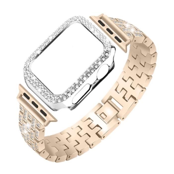 Iwatch Strass Decor Decor Inox Strap 5 Perles De Montre + Coque De Protection Montre Pour Apple Watch Series 7 41mm - Or