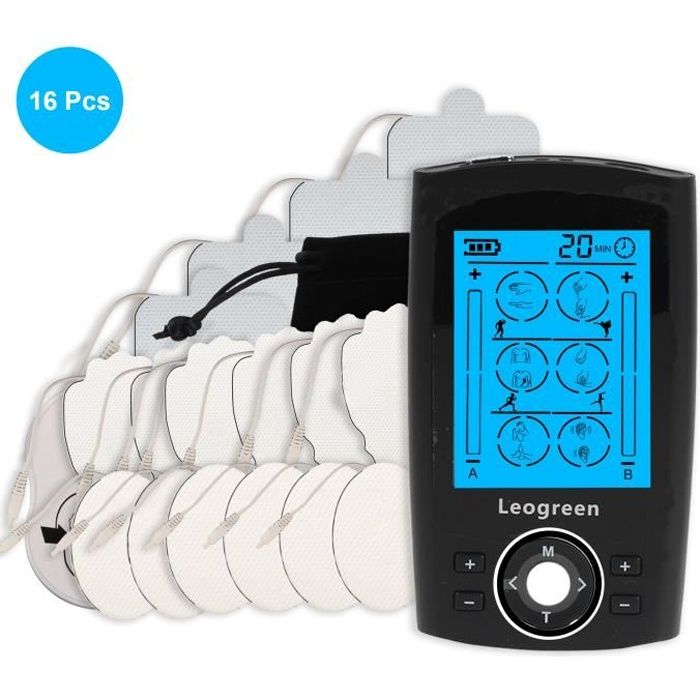 Leogreen Appareil de Stimulation Électrique TENS EMS Rechargeable, 24 Programmes d'Entraînement 16 Électrodes 2 Canaux