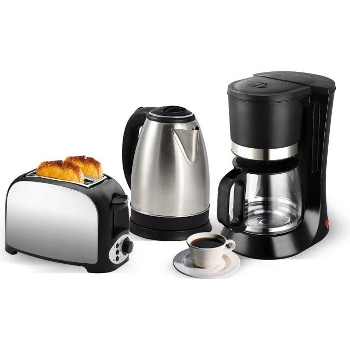 Set petit déj - Grille pain 2 fentes inox + Bouilloire inox 1.8L + Cafetière 12 tasses