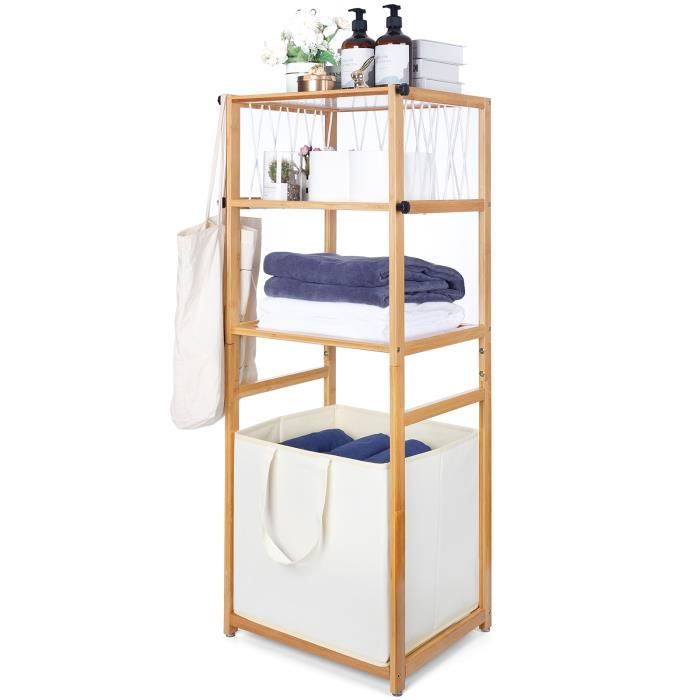 Yorbay Étagères de Salle de Bain en Bambou , Panier à Linge, 4 étages & 1 Corbeilles en Tissu, pour Salle de Bain, Salon