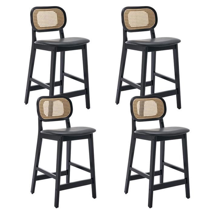 Wahson Tabouret de Bar Lot de 4 Tabouret Chaise de Bar en Bois et Cannage avec Coussin Imperméable pour Cuisine Cuir PU Noir