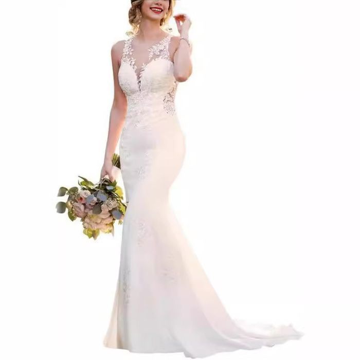 Robes de mariée longues en dentelle sexy à épaules dénudées col en V