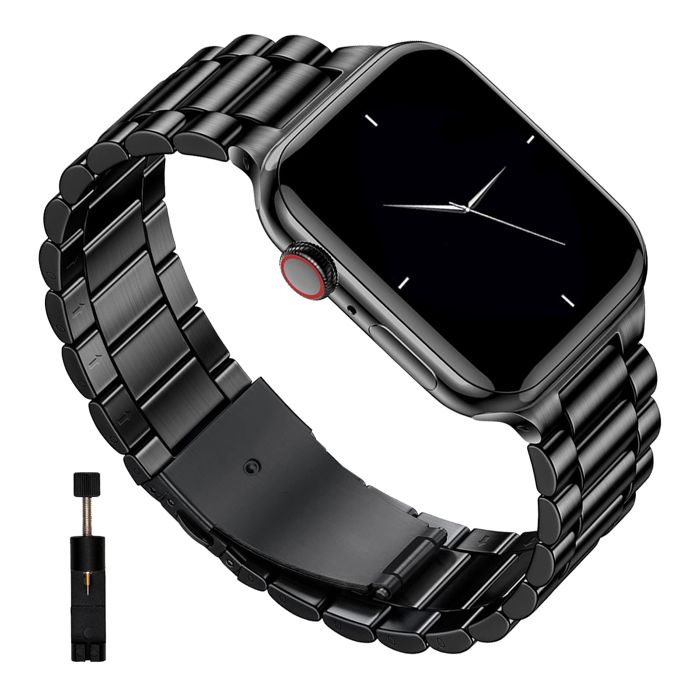 Bracelet Métallique Noir en acier inoxydable pour Apple Watch Series 9/8/7/6/5/4/3/2/1/SE 42-44-45-49mm + Kit outils - Visiodirect