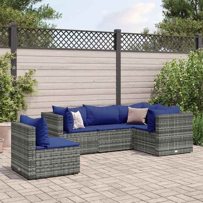 vidaXL Salon de jardin 5 pcs avec coussins Gris Résine tressée ensemble de canapés dextérieur canapé dangle de jardin 3308159