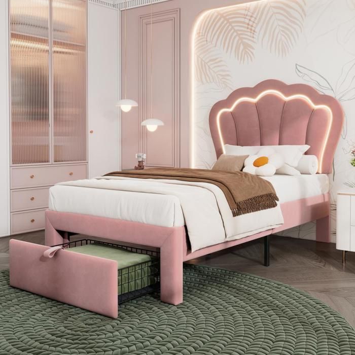 Lit 90x200 cm Lit simple Lit enfant - avec tiroir avec APP-Control LED - SWEIKO - Rose
