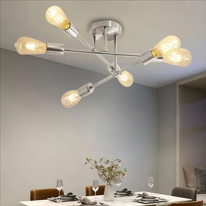 WOTTES Plafonnier Moderne 6 têtes - E27 Rétro Luminaire Lustre Industriel - en Métal Argent - pour Salon Chambre Cuisine