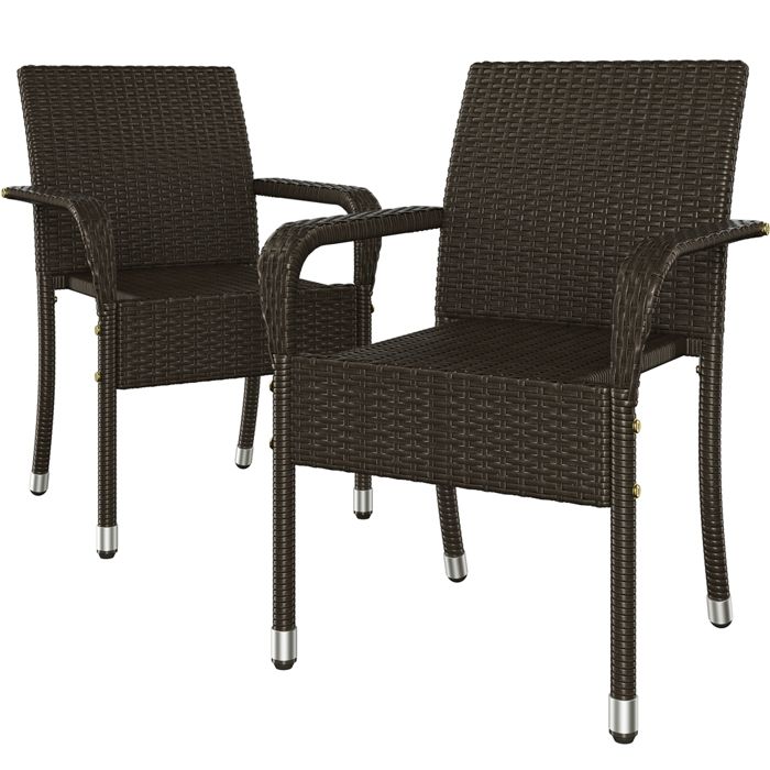 Lot De 2 Chaises De Jardin En Résine Tressée Marron - Avec Coussins Amovibles, Accoudoirs Et Dossier - Meubles De Terrasse Moderne