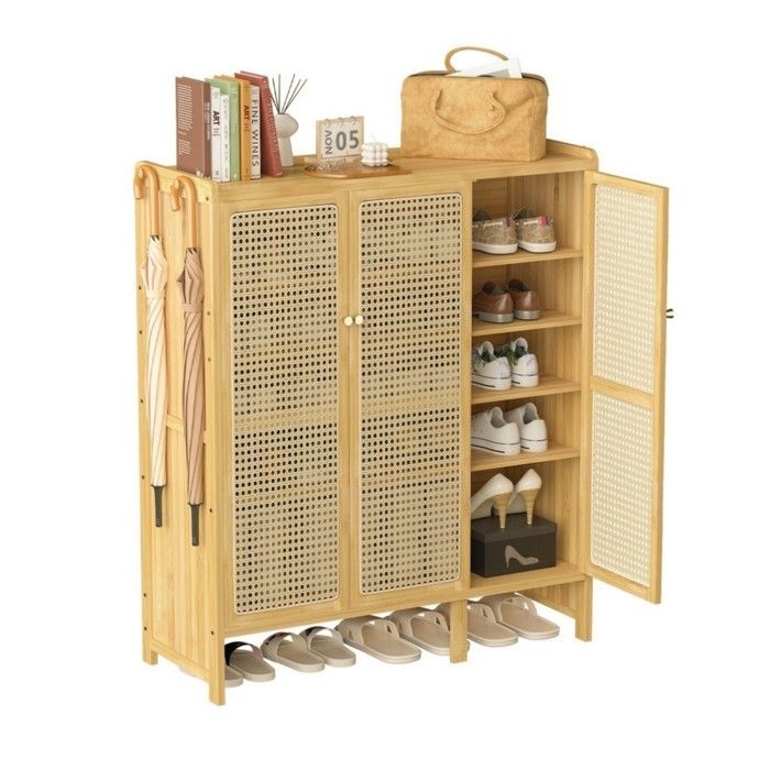 Meuble à Chaussures en Bambou 5 Étagères - Armoire de Rangement avec Porte en Rotin Plateau Supérieur et Crochets - 90.5x35x107cm