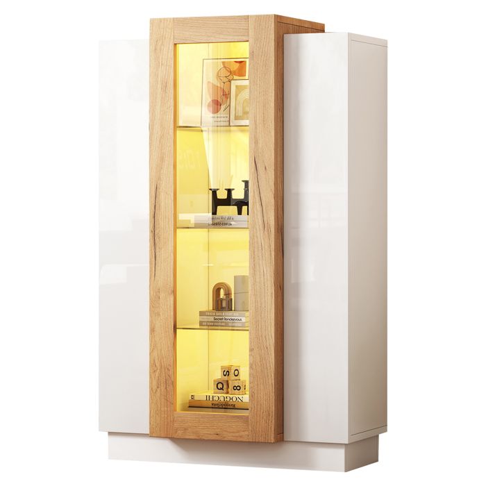 Meuble de salon avec 3 portes vitrine brillante avec éclairage LED bibliothèque avec étagères en verre et tiroir 74 x 40 x 120