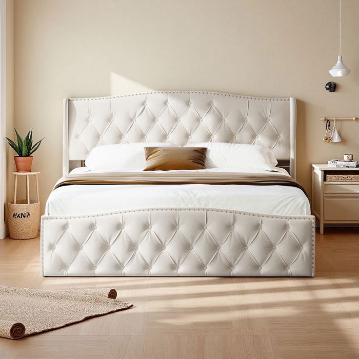 Lit 140x200 cm - COZY - tissu en velours - sommier - cadre de lit double 140x200 cm - blanc cassé Lit 140x200 cm - COZY - tissu en velours - sommier - cadre de lit double 140x200 cm - blanc cassé