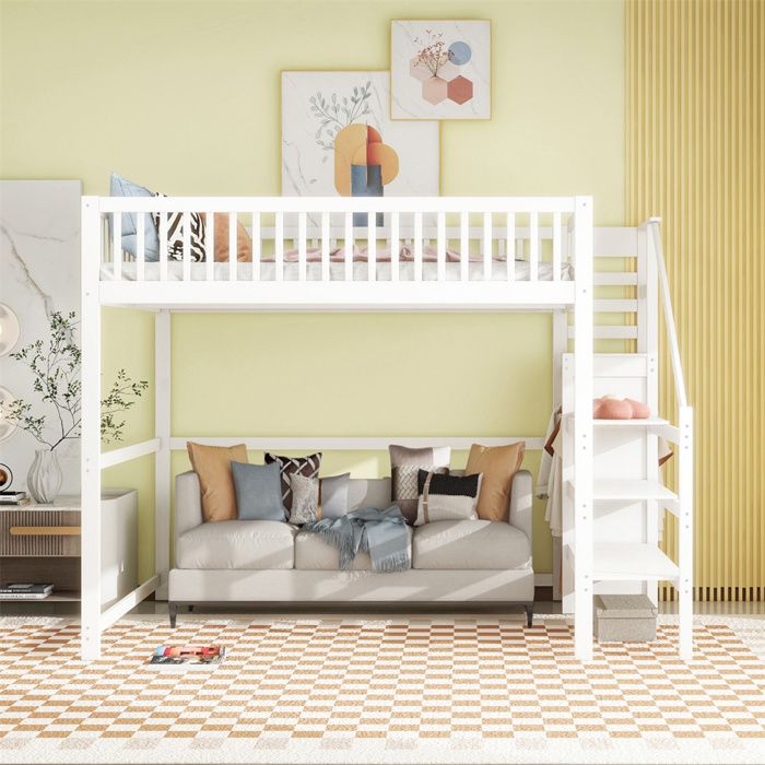 Lit mezzanine enfant 140x200 bois blanc avec escalier étagères et armoire sommier inclus