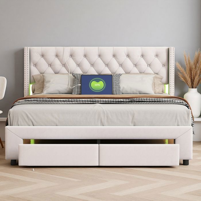 Lit adulte 160x200 cm - COZY - LED - tissu en velours - sommier - tiroir - cadre de lit 160x200 cm - beige Lit adulte 160x200 cm - COZY - LED - tissu en velours - sommier - tiroir - cadre de lit 160x200 cm - beige