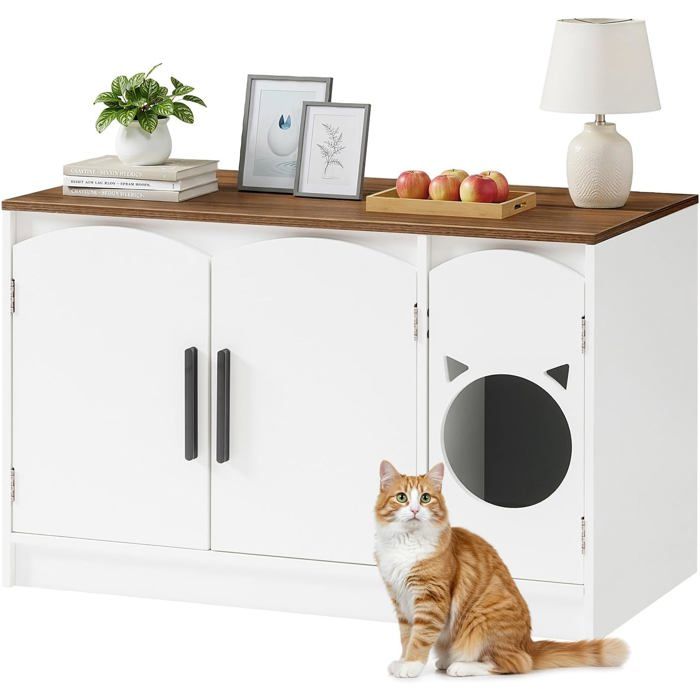 Meilleurs prix pour Niche pour Chat - HOOBRO - Maison de Toilettes - Meuble Paravent Moderne en Bois dIngénierie pour Litière-Blanc et Noyer