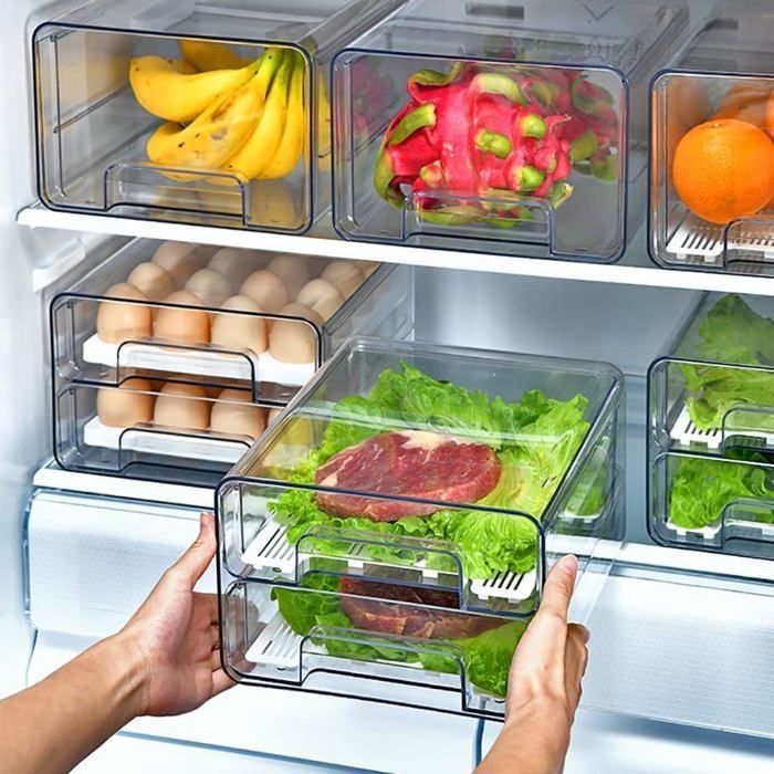 3 paquet Tiroirs de réfrigérateur empilables – Organisateur frigo à double couche plastique transparent -Avec tampon de ODIPIE