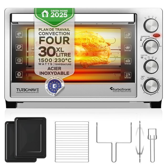 TurboTronic EVS30 - Four électrique 30 L - Four de table chaleur tournante - Mini four grande capacité - 1500 W - 230°C - Turbotronic