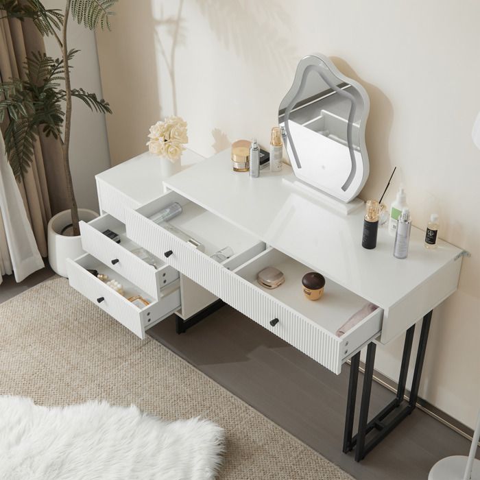 POCKETPOP Coiffeuse avec miroir et tabouret, grande coiffeuse,avec LED réglable et prises électriques, 6 tiroirs et 4 portes, Blanc - Maison