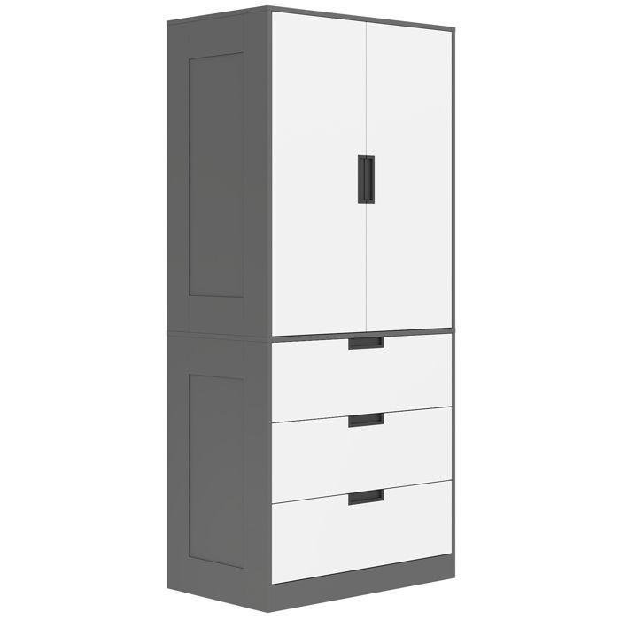 Armoire chambre penderie - HOMCOM - 2 portes 3 tiroirs tringle de suspension - panneau de particules - 80x50x180cm - gris et blanc