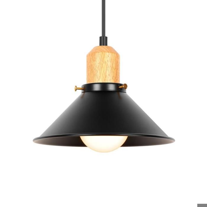 WOTTES 1 x Suspension Luminaire Vintage 22CM Lustre Plafonnier en Métal Noir Abat-jour Rond Lampe de Plafond Bois pour Couloir