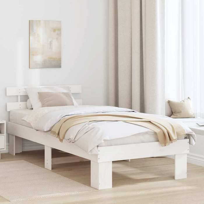 Structure de lit en pin massif - UU - 90x190 cm - Blanc - Tête de lit incluse - Cadre à lattes - Pin massif