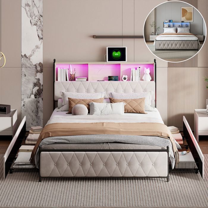 Lit Double 160x200cm avec LED et 4 TiroirsCompartiments de Rangement dans la tête de LitCharge USB/Type-CBeige-Velours