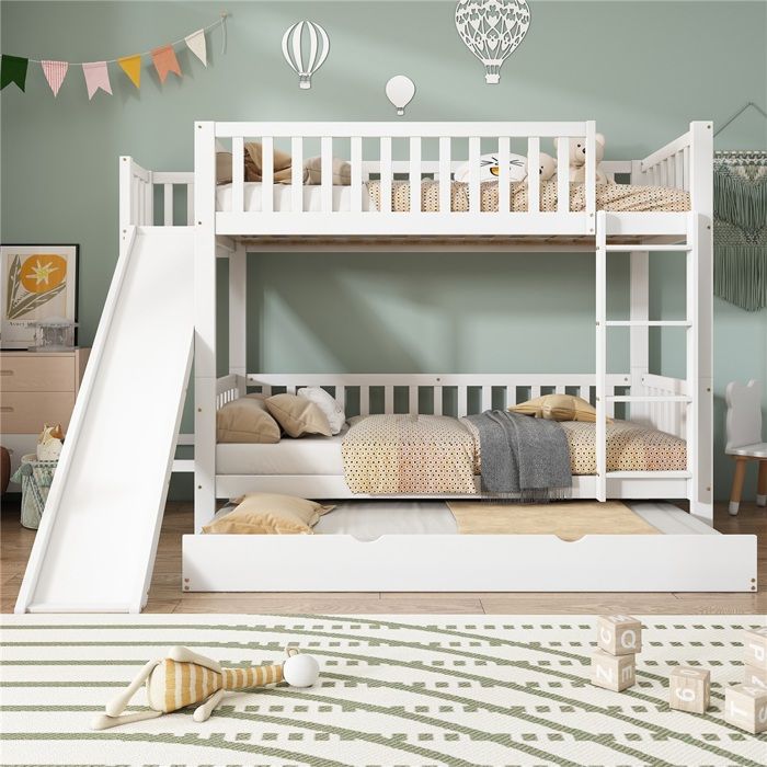 Lit Superposé Enfant 90x200cm - Lit Bas Pliant et Toboggan - Sécurité Grille 4 Étages - Pin et MDF Blanc sans Matelas