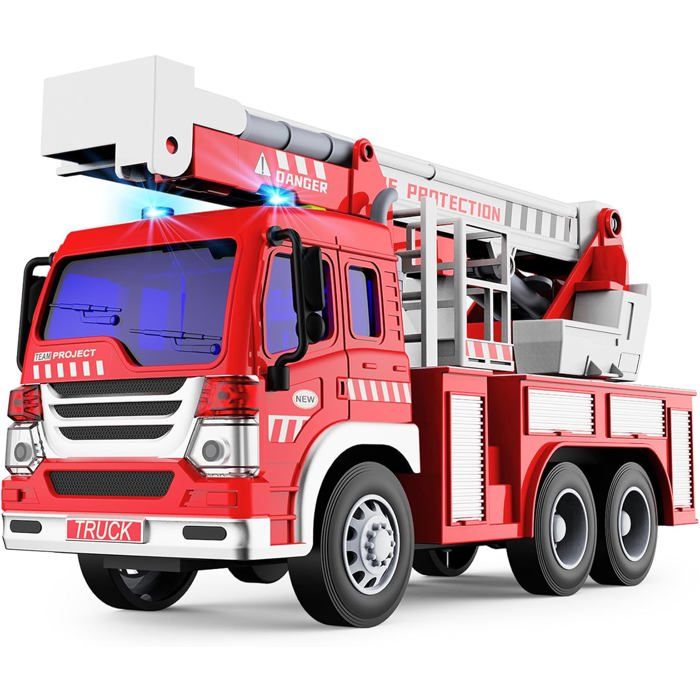 HERSITY – Grand Camion De Pompier Jouet Avec Sons, Lumières, échelle Télescopique Et Rotation 360° – Friction – 26 Cm