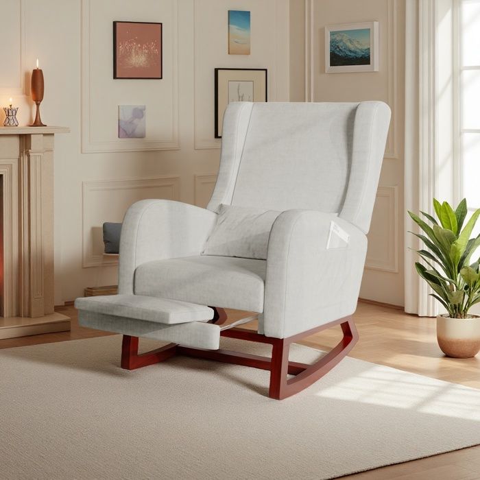 Chaise à Bascule - Repose-pieds Extensibles - Chaise a Bascule Allaitement  - Dossier Rembourré - Velours Teddy - 1 place - Gris
