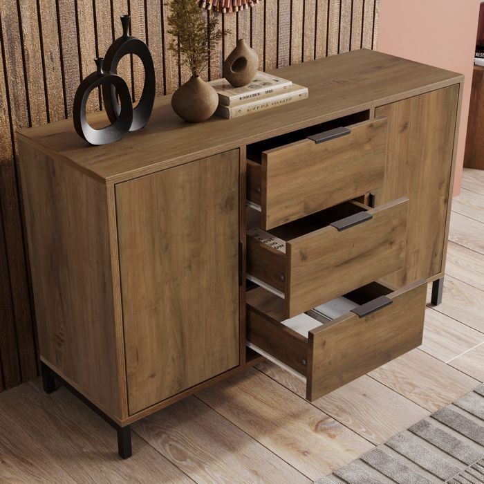 Buffet Maisentiel 2 portes 3 tiroirs 120x40x76 cm effet chêne foncé cadre métal noir poignée noire style industriel
