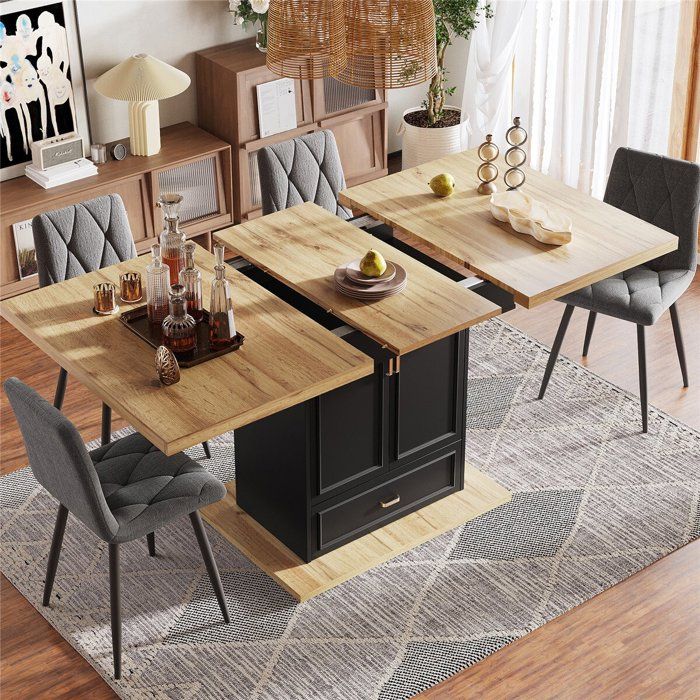 Table Salle à Manger Extensible Bois 4 à 6 Personnes - 110–140 cm Table Cuisine Rangement avec Étagères Ajustables et Tiroirs Noir