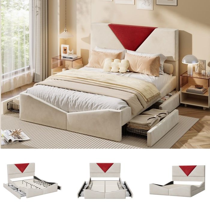 Lit 140x190 avec Sommier Lit Double avec 4 Tiroirs Lit rembourré avec tête de Lit pour Adultes et Adolescents Velours Beige