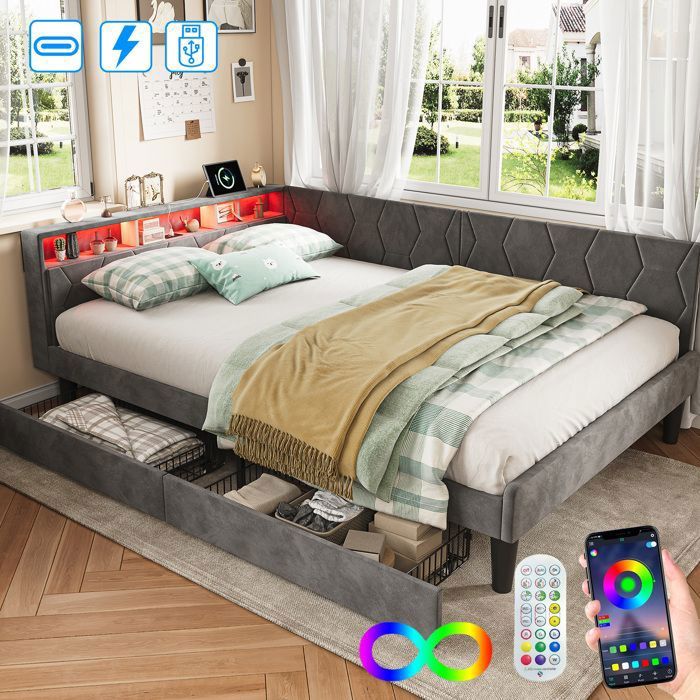 Lit simple rembourré 90 x 200 cm LUMINARIX Éclairage LED et port USB Lit capitonné avec 2 tiroirs sommier à lattes gris Velours