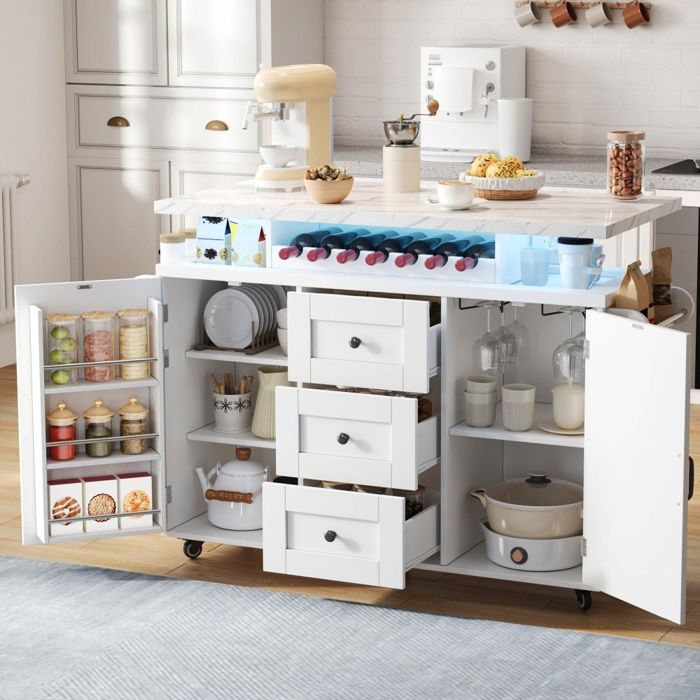 Îlot Central de Cuisine Mobile 138x60x93cm - Desserte à Roulettes Plan de Travail Rabattable LED RGB - Blanc Effet Marbre MDF