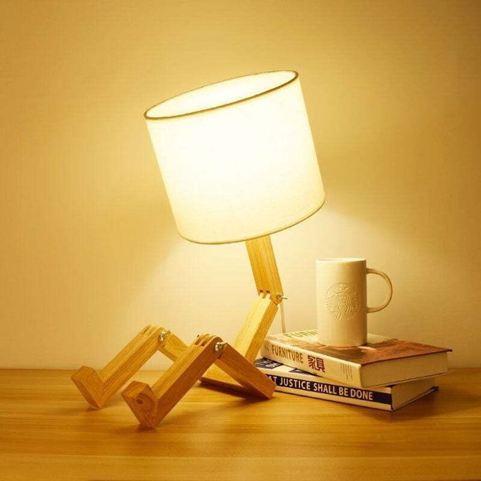 Lampe de chevet - PZCC - Scandinave - Abat-jour en tissu - Bras et base réglables - Bois lumière douce