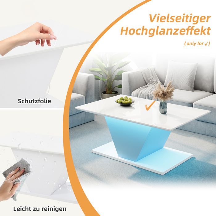 Table Basse Design V 100x50x46 cm - Finition Laque Brillante - LED Connectée via App - Structure Stable 30kg - pour Salon Moderne