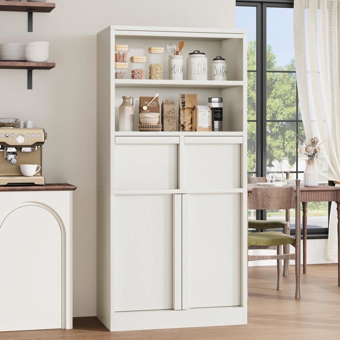 Armoire de salle de bain haute - LUNSY - 60x30x129 cm - Blanc - 2 tiroirs - Placard fermé - Étagères ouvertes